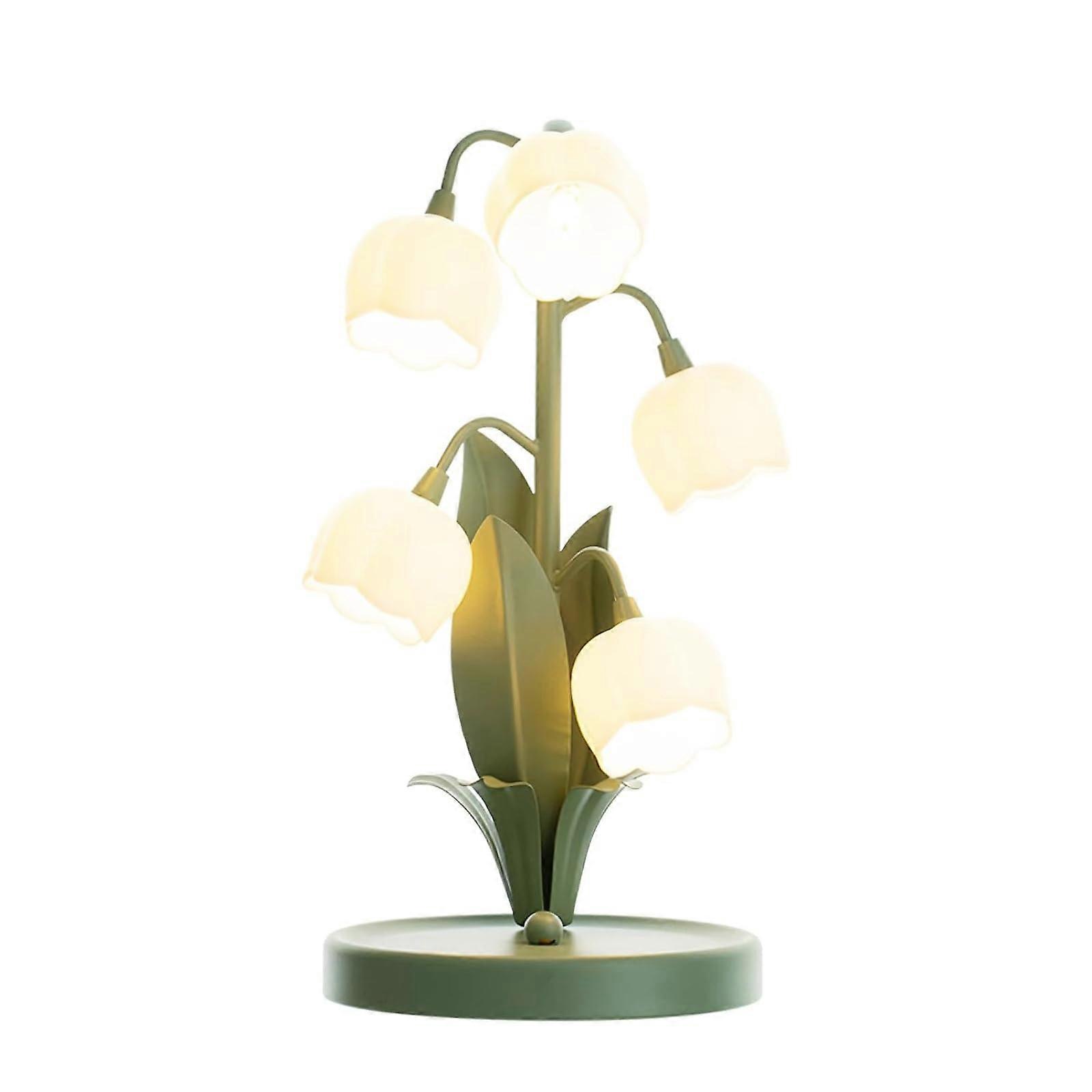 Vintage Flower Table Lamp with Frosted Glass Shade, 5Light Green Leaf Design for Bedroom