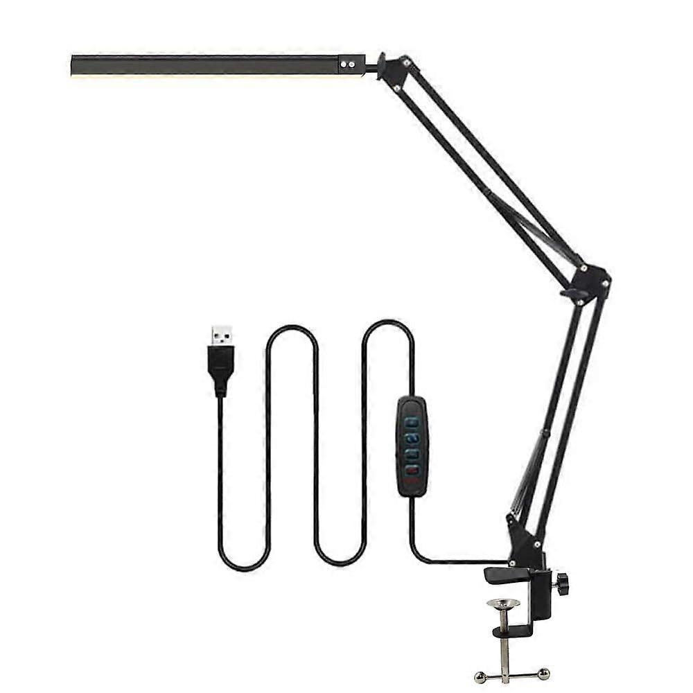 LED Desk Lamp with Clamp, Adjustable Swing Arm, 360° Rotation, USB Powered Stepless Dimming Light