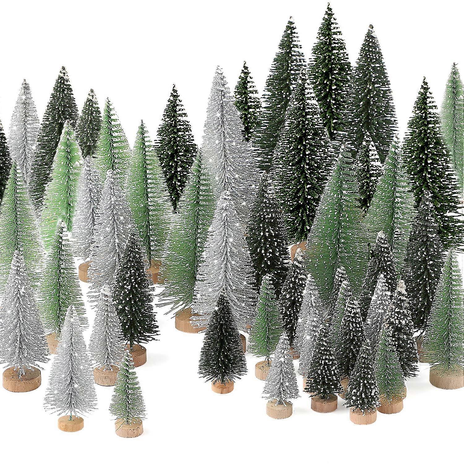 30Pcs Mini Christmas Trees with Wooden Base, SnowCovered Bottle Brush Set for Table Decor