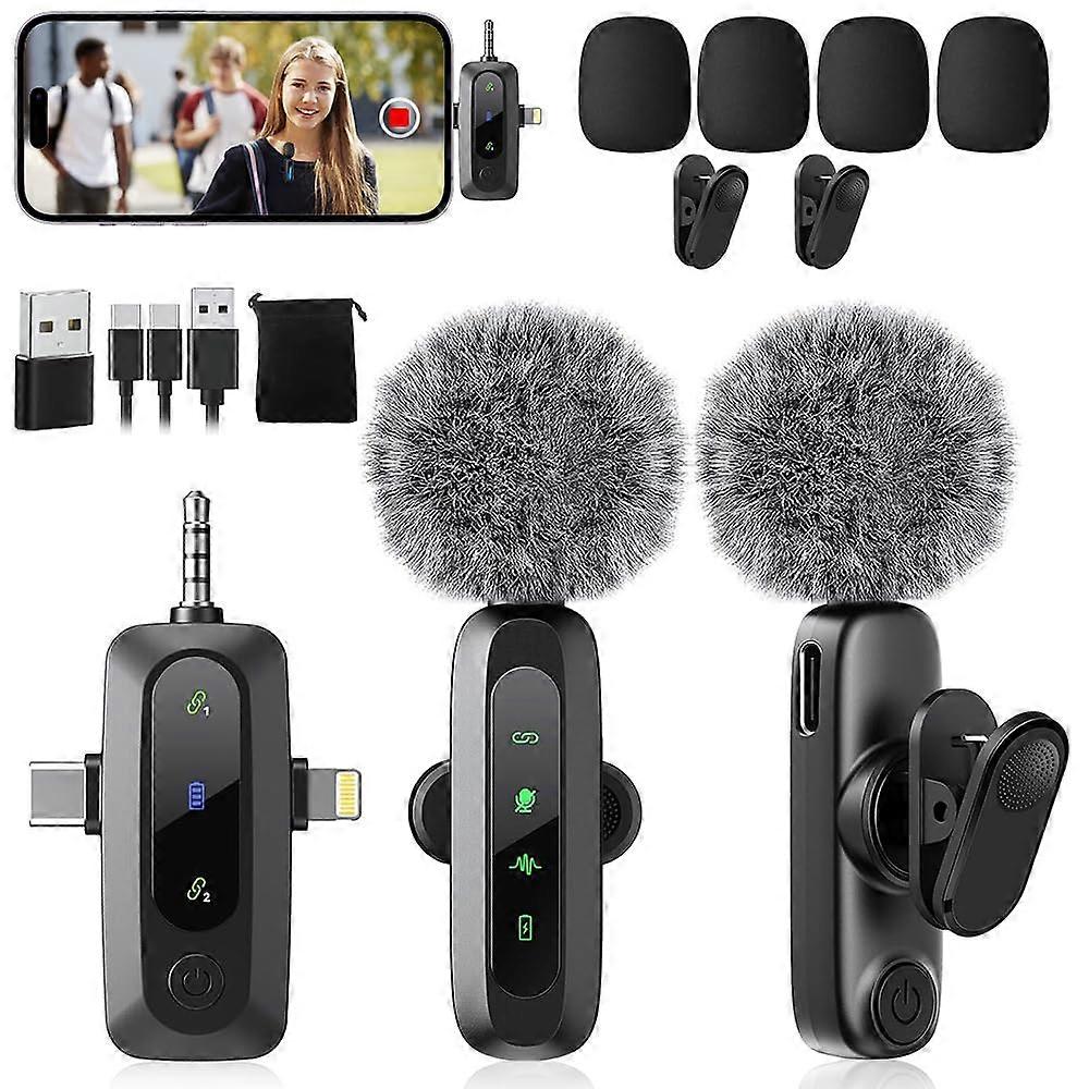 3 in 1 Wireless Lavalier Microphone for iPhone Android Camera with Noise Cancellation and LED Display