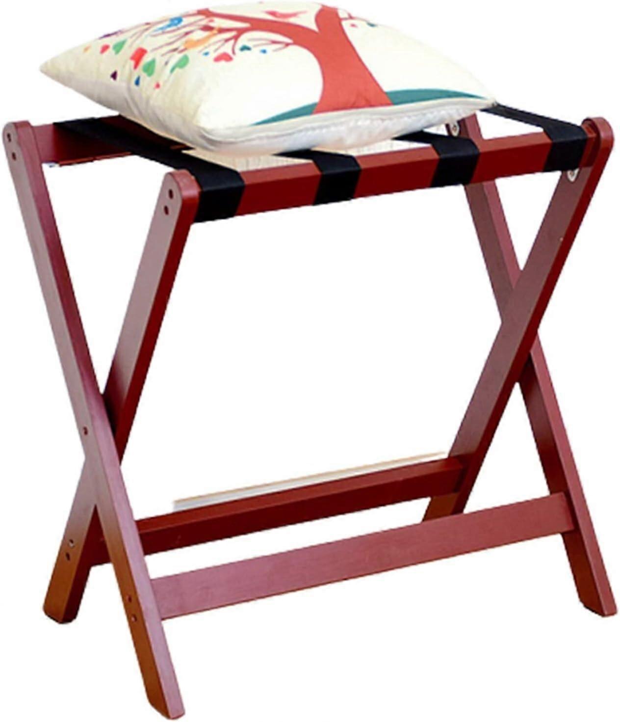 Wooden Folding Luggage Rack with Shelf and 4 Straps for Hotel or Guest Room Red Wine