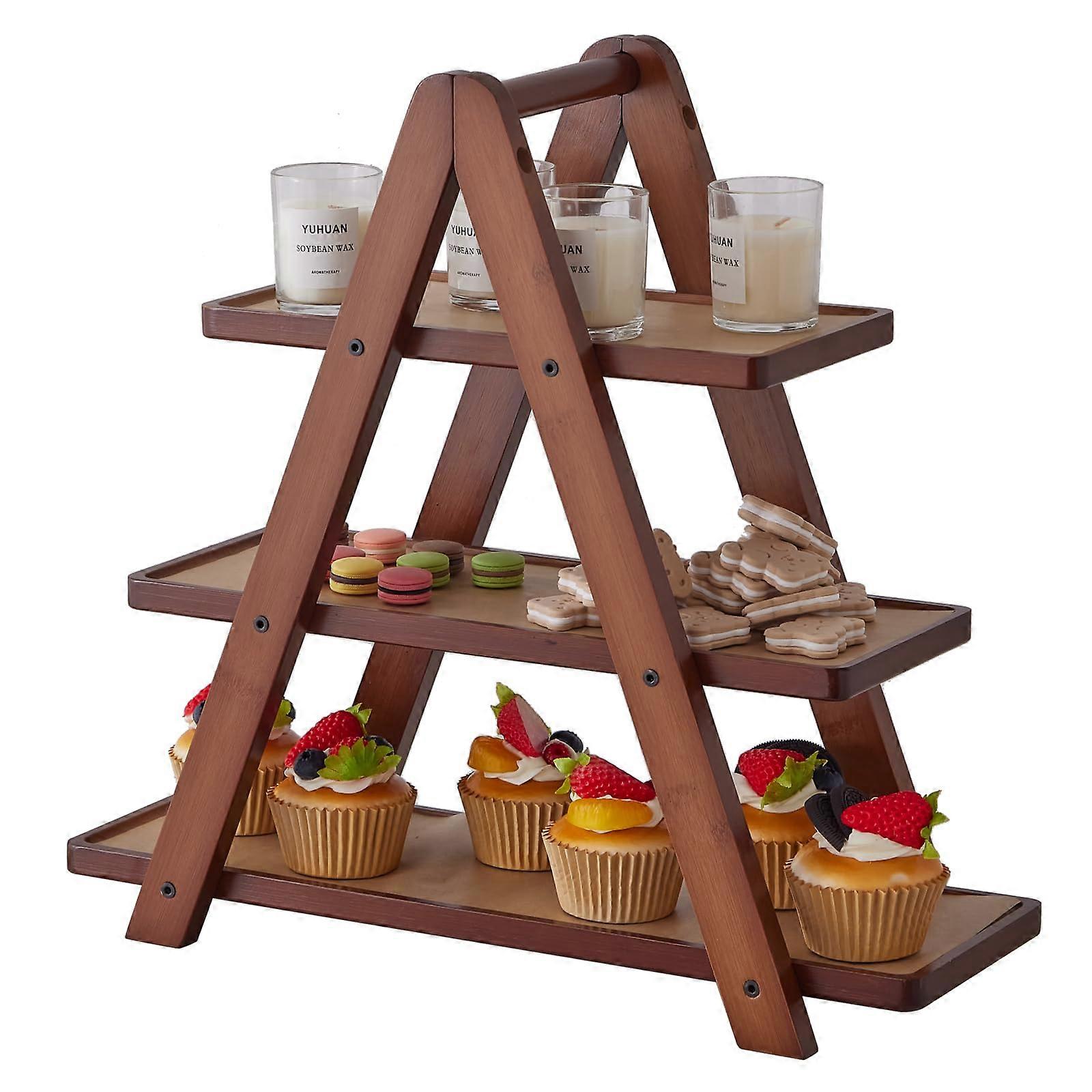 3 Tier Bamboo Cupcake Stand with Parchment Sheets, Dessert and Fruit Serving Tray Brown