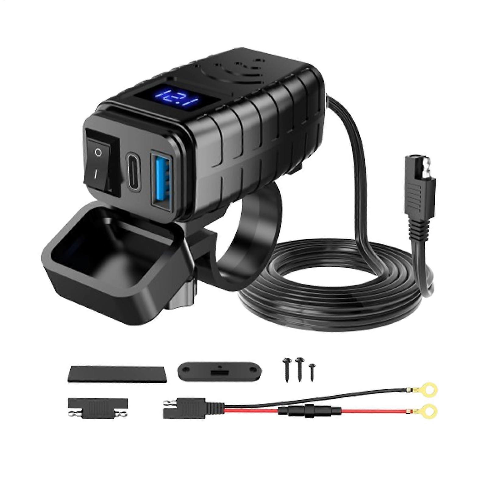 Motorcycle USB Charger with Voltmeter and Switch, Fast PD3.0 QC3.0 Charging, Waterproof Socket