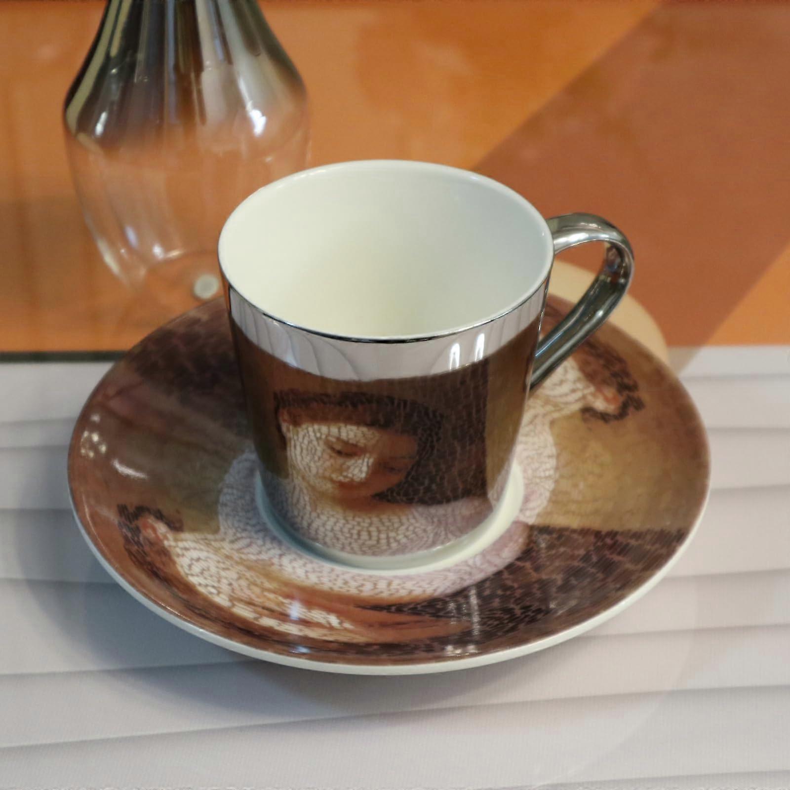 Ceramic Coffee Mug Set with Saucer and Spoon, Unique Mirror Reflection Design, 250ml Gift Cup