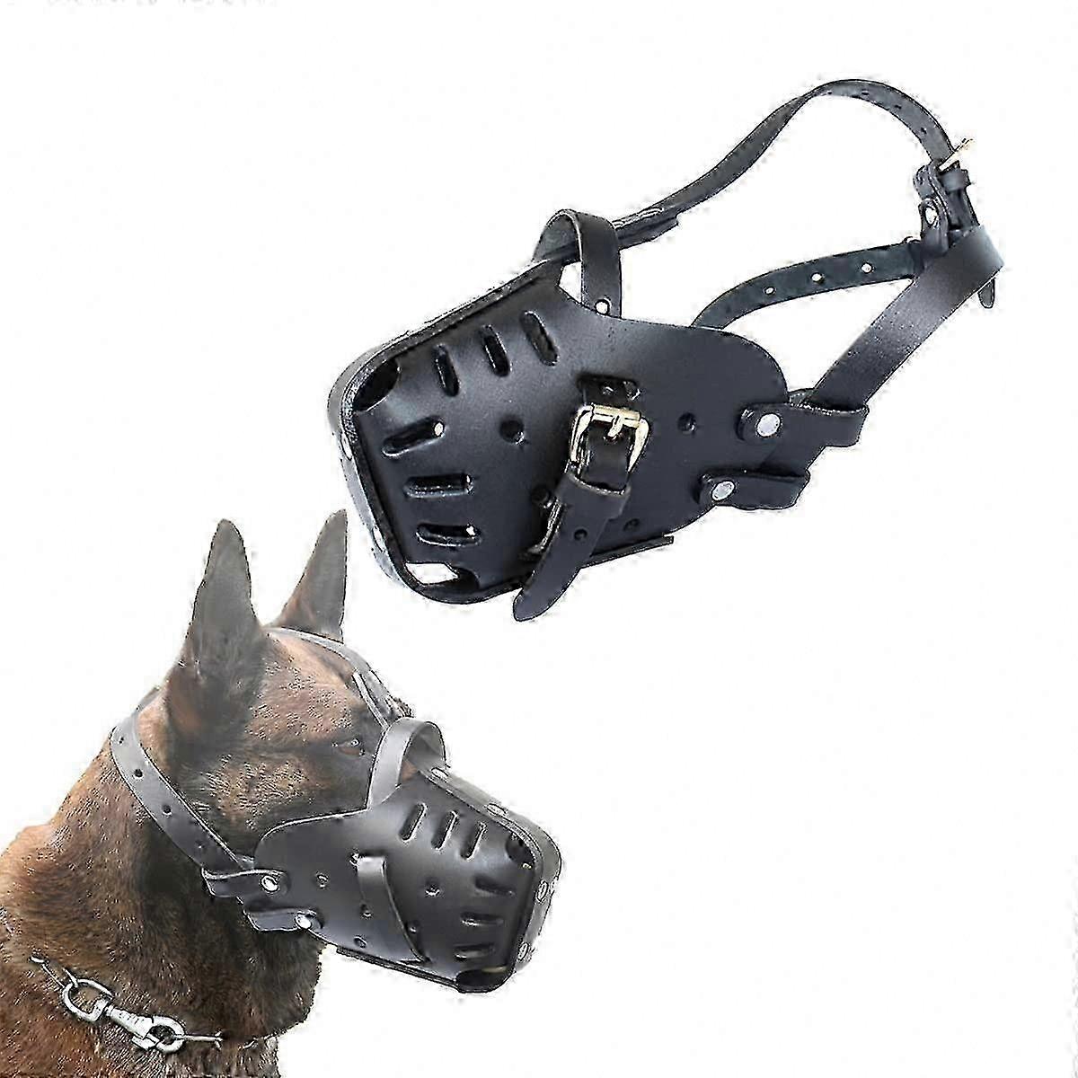 Leather Muzzle for Dog Training, Adjustable Biting Guard, Durable Black Design