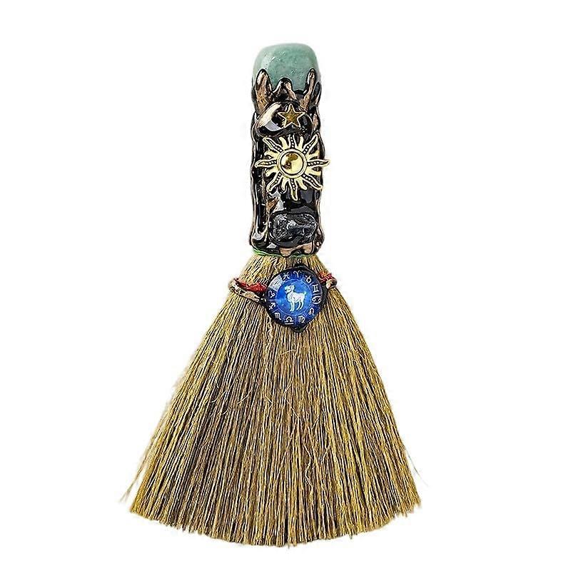 Light Green Crystal Broom Feng Shui Decor with Zodiac Design for Positive Energy and Home Charm