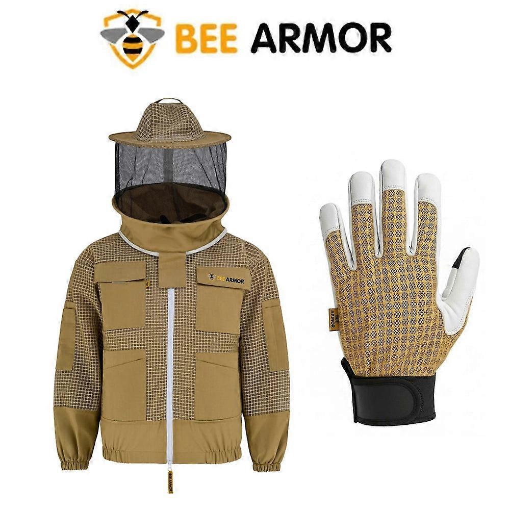 Bee Keeping 3-layer Jacket Rounded Veil In Khaki Color  With  Free Gloves (bee Armor)