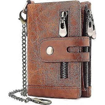 RFID Blocking Genuine Leather Bifold Wallet for Men with 16 Card Slots, Zipper Coin Pocket and Chain, Black Gift Box