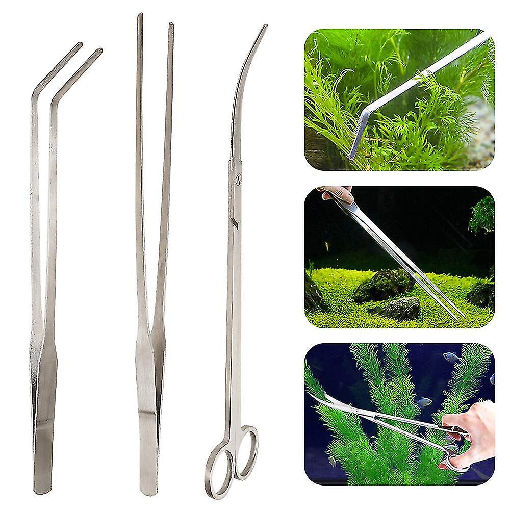 3 In 1 Stainless Steel Aquarium Tank Aquatic Plant Tweezers Scissors Tool Set For Fish Tank Plants