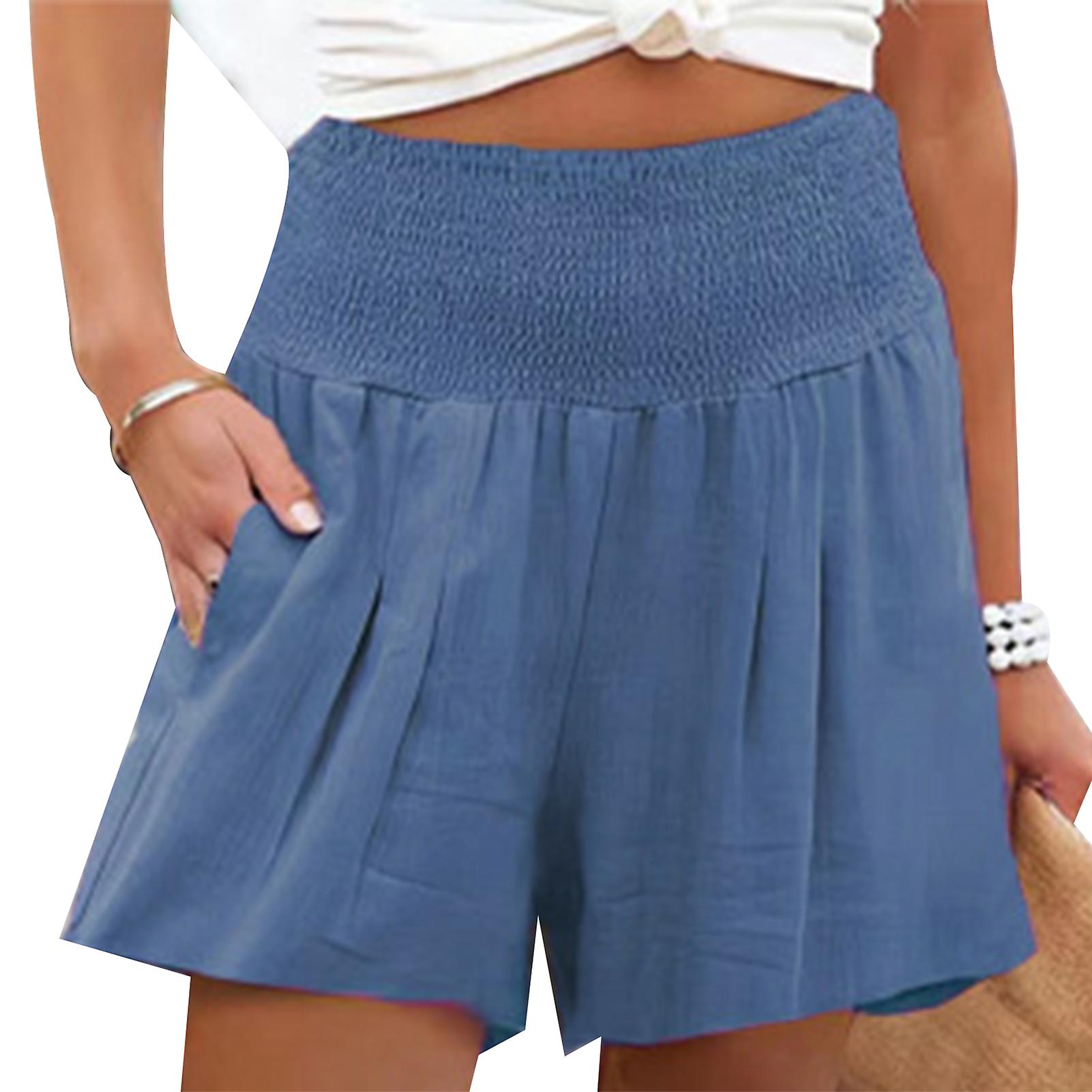 Women Summer Shorts Casual Workout Elastic Waist Shirred Shorts with Pocket for Running Fitness