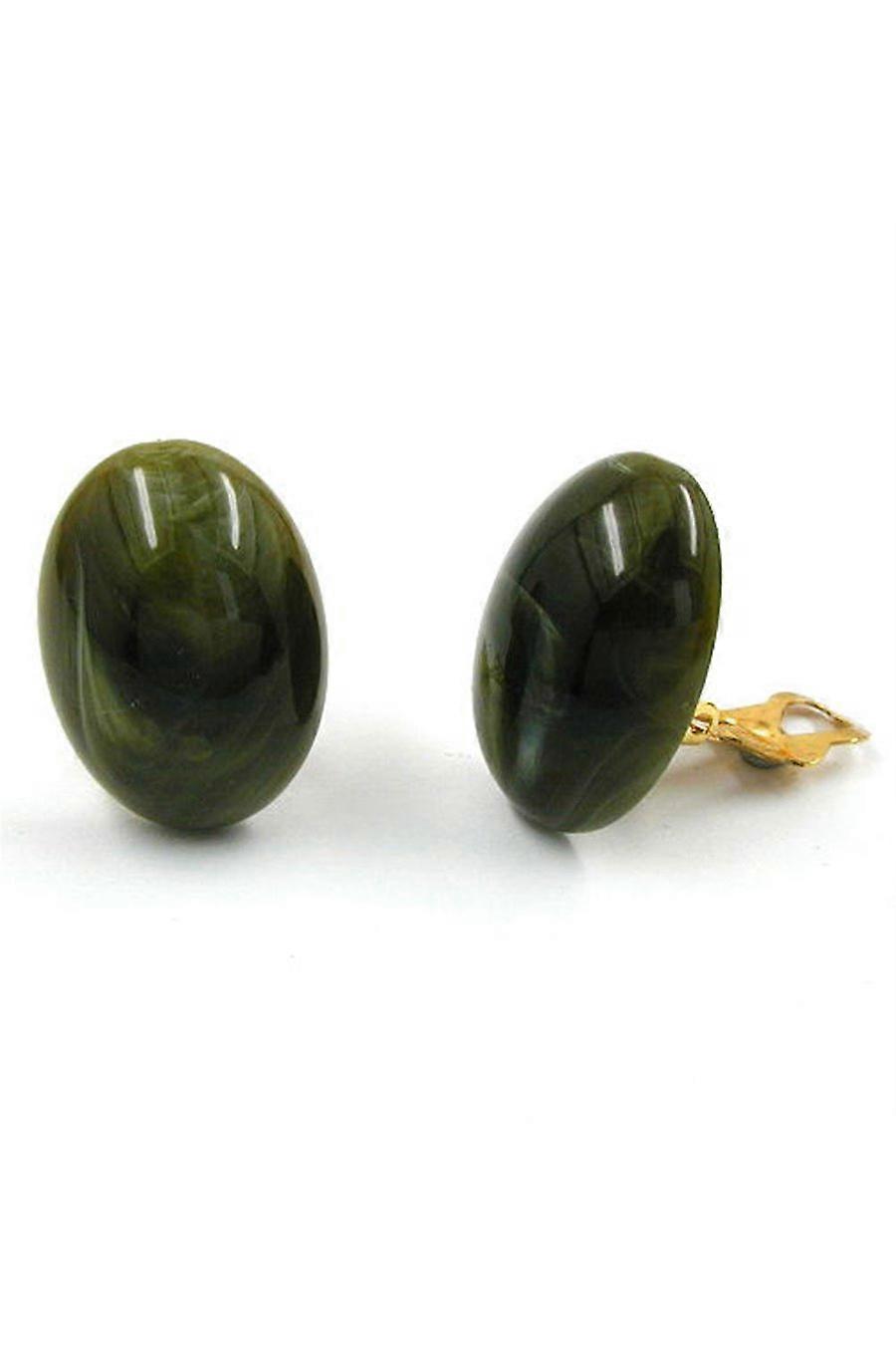 Clip-on Earring Oval Green Olive Marbled - Gl04439