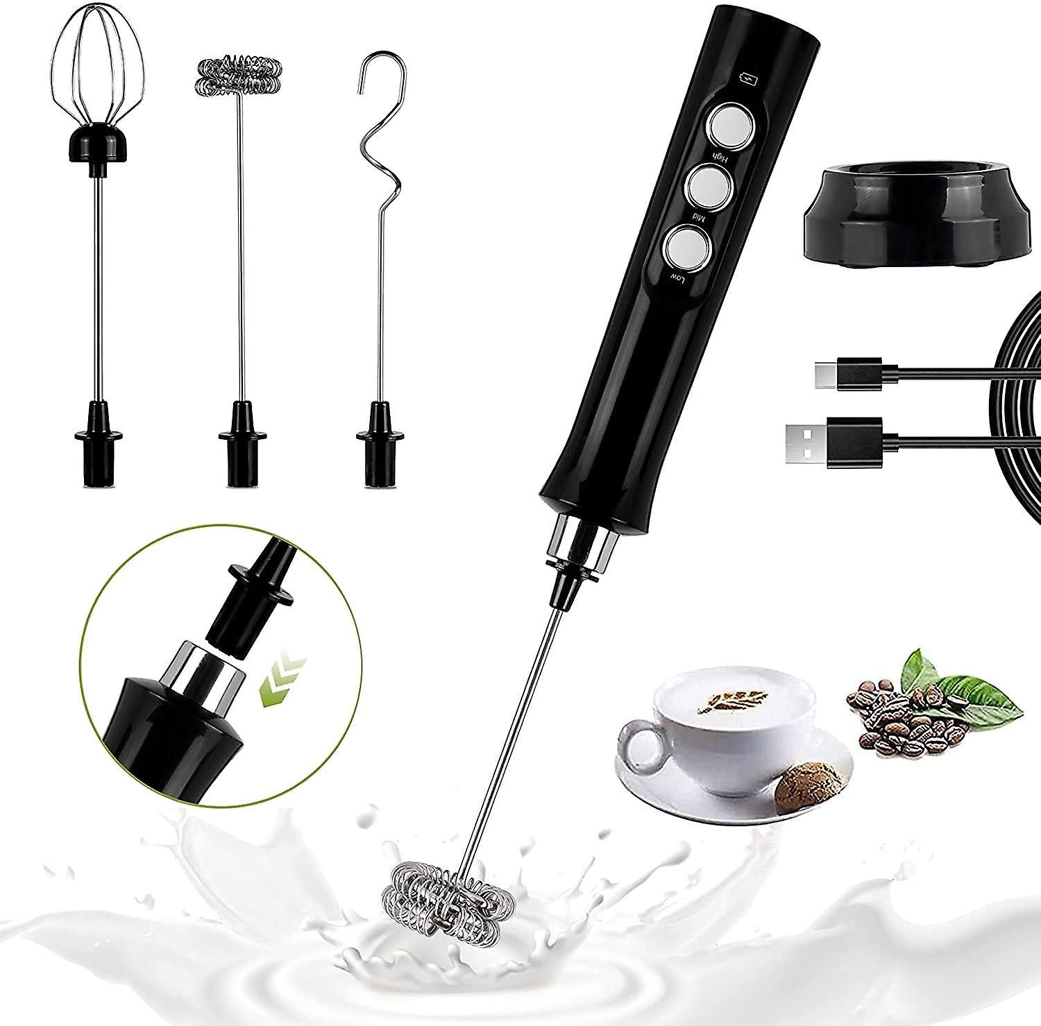 Milk Frother Handheld Foam Maker USB-Rechargeable Electric Drink-Mixer with 3 Stainless Whisks 3-Speed Adjustable Coffee Frother for Cappuccinos, Hot 