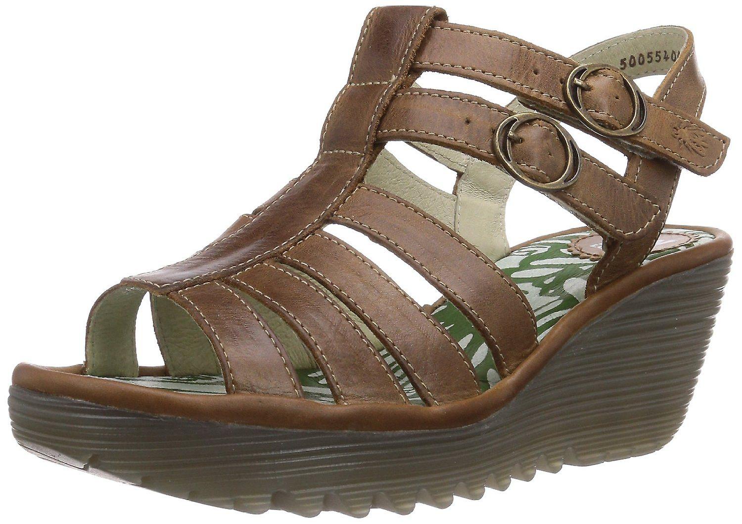Fly london Ygor Camel Womens Leather Wedge Summer Sandals Shoes
