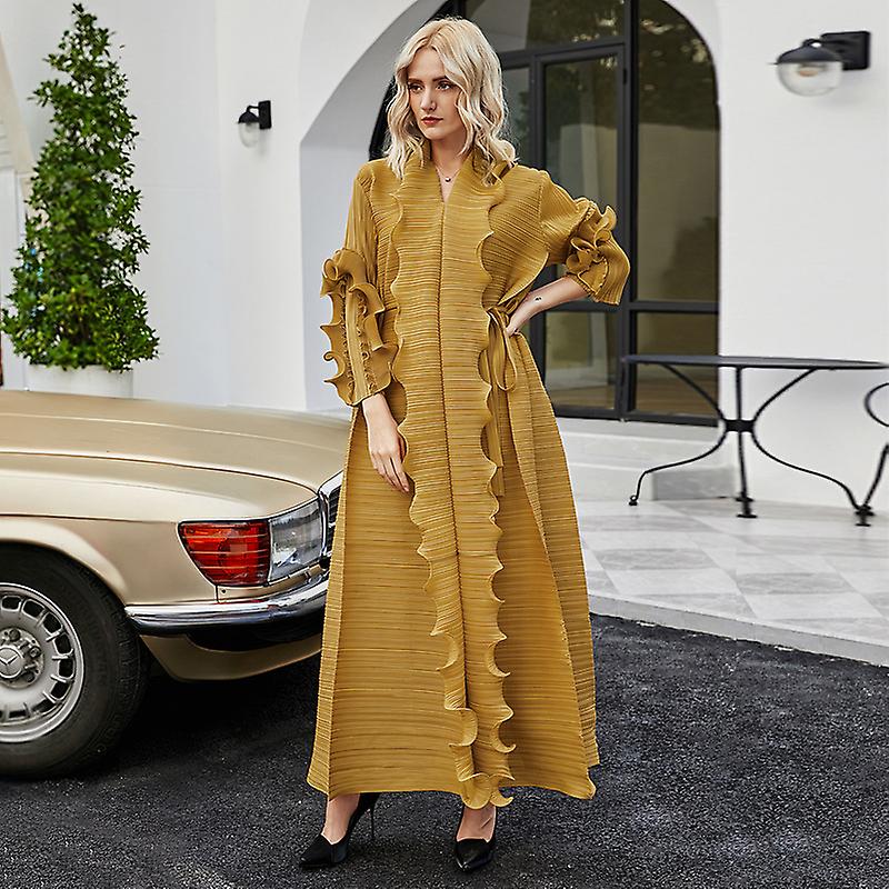 Women's Spring Autumn Pleated Dresses Long Sleeve Ruffled Casual V-Neck Slim Waist Belt Swing Dress Wrap Plus Size Women's Dresses