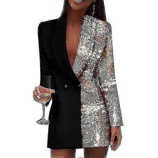 Women Fashion Colorblock Sequins Long Sleeve Double Breasted Bodycon Blazer  | Fruugo QA
