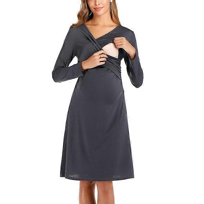 Långärmad Cross V-ringad Moderskap Amning Klänning - Grå