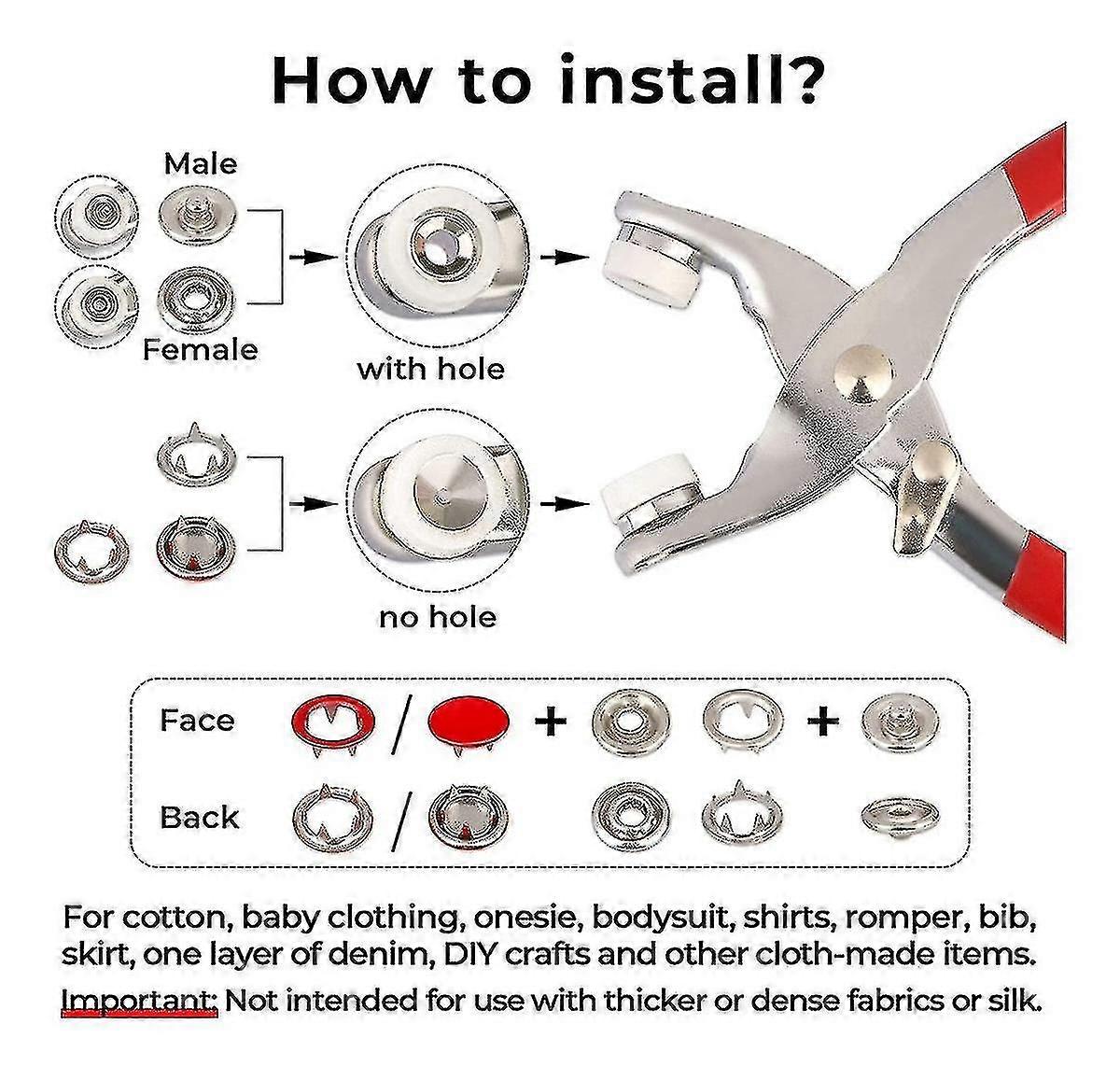 200 套按扣连体裤按扣工艺钳工具叉扣金属环按钮按扣缝纫工艺 9.5 毫米，10 种颜色