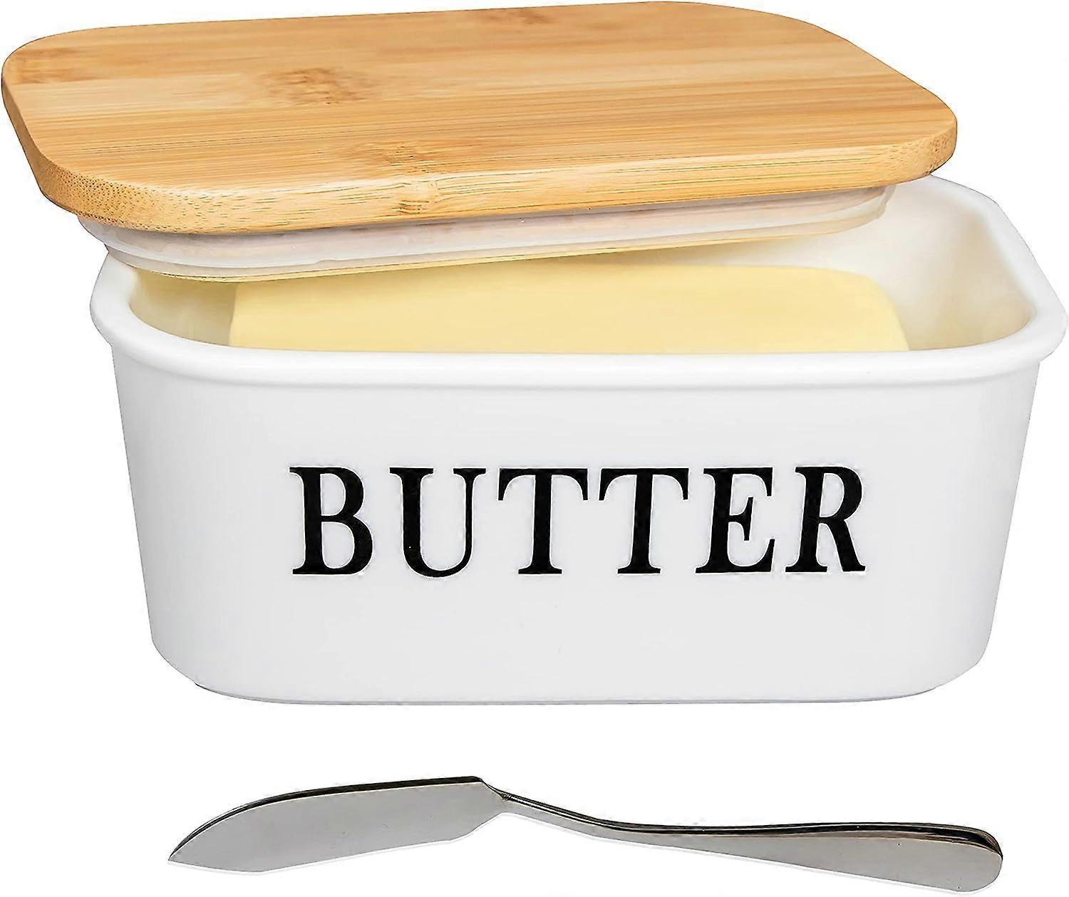 Porcelain Butter Dish and Lid - Butter Box Container with Butter Knife with Silicone Sealing Ring for Kitchen