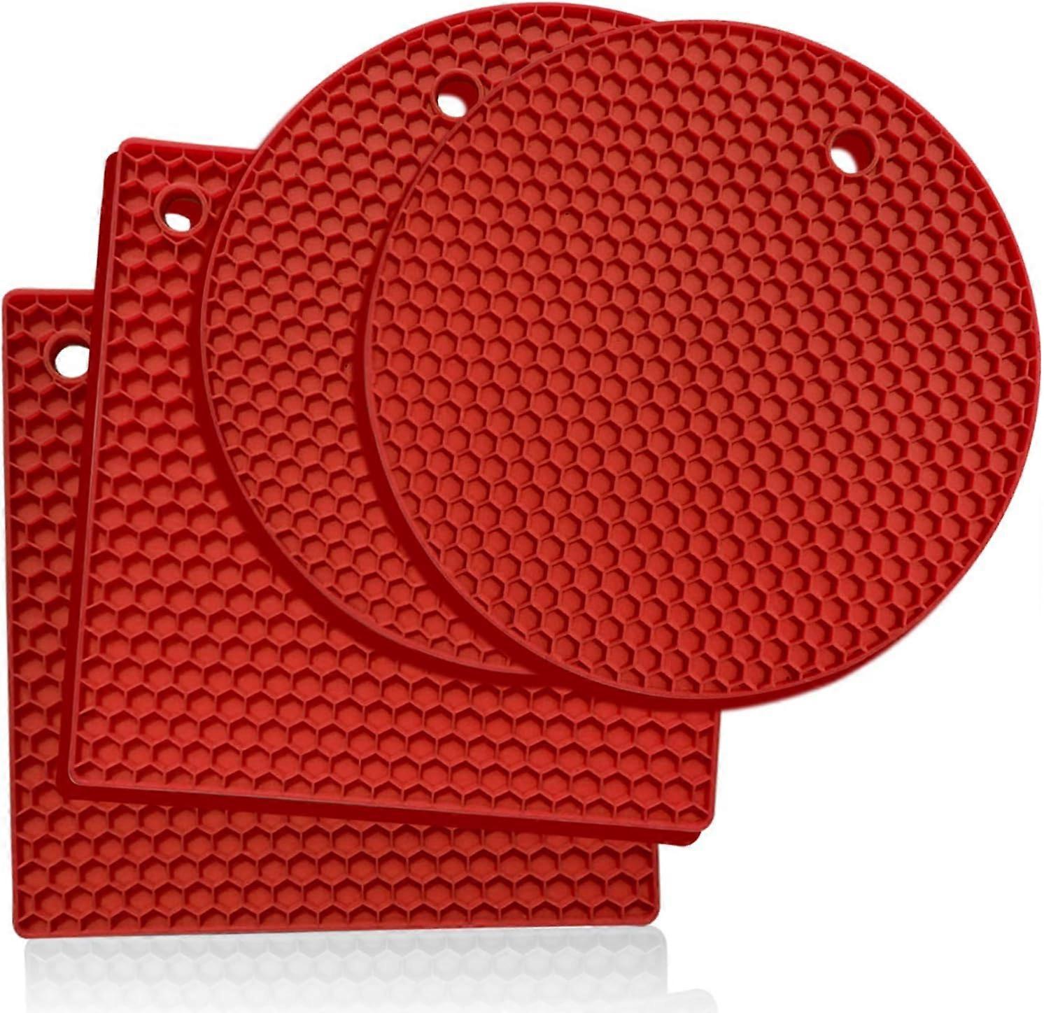Set of 4 Round and Square Silicone Trivets, Silicone Trivet Mat, Heating Pad - Can Opener, Tongs, Garlic Peeler, Drying Mat, Drink Coaster (Red)