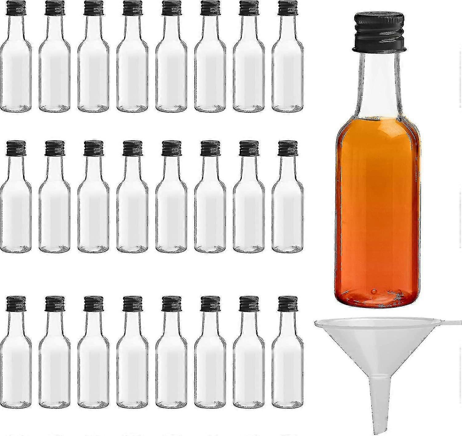 Mini Liquor Bottles (24 Pack) - Reusable Plastic 50ml Empty Spirit Bottles With Black Screw Caps And Liquid Funnel For Easy Pouring, Bottle Filling -
