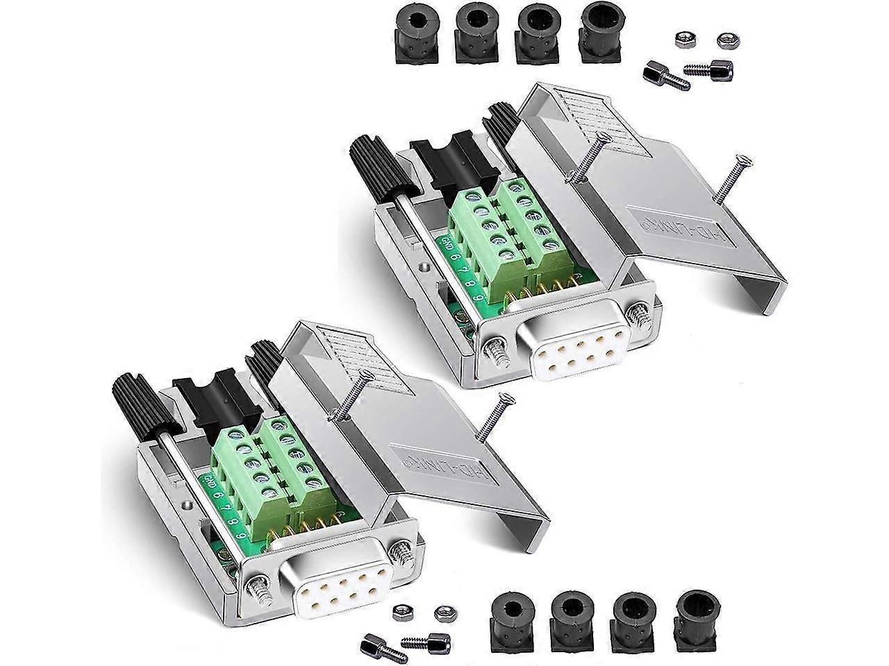 2PCS DB9 Breakout Connector, Solderless Metal Shell RS232 D-SUB Serial to 9-Pin Port Terminal Female Adapter Connector Breakout Board with Case