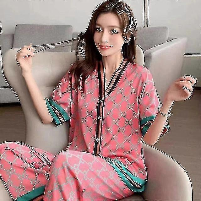 Cmvpnel 2022 New Sleeved Women Pajamas Set Ice Silk Printed Fash Pyjamas