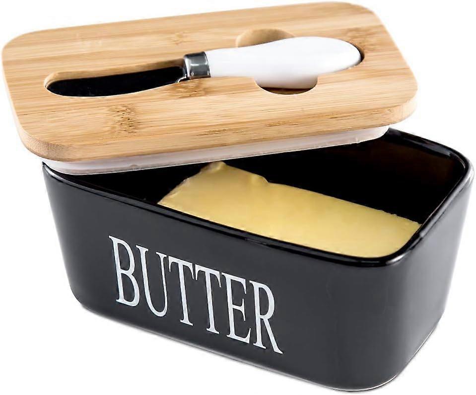 Porcelain Butter Dish with Bamboo Lid - Covered Butter Keeper with Butter Knife, Airtight Butter Container