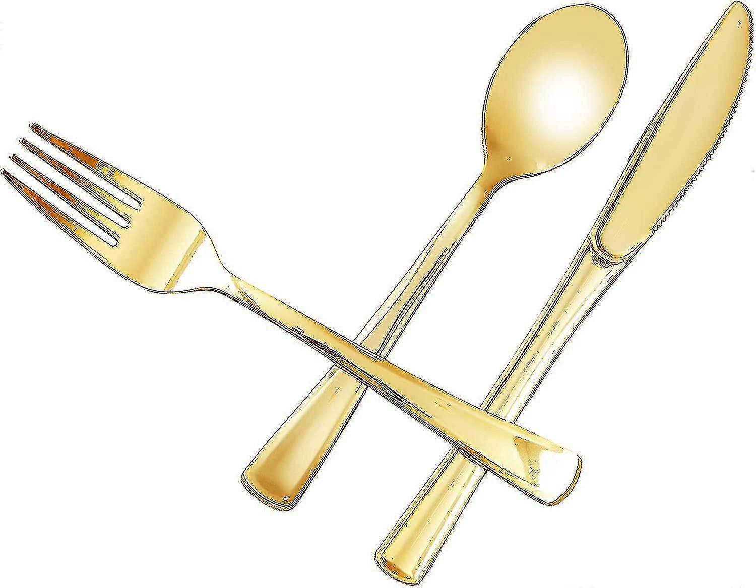 5pcs Gold Plastic Silverware - Gold Plastic Cutlery Set Disposable Flatware Dinnerware 5 Gold Forks, 5 Gold Spoons, 5 Gold Knives For Party, Birthday