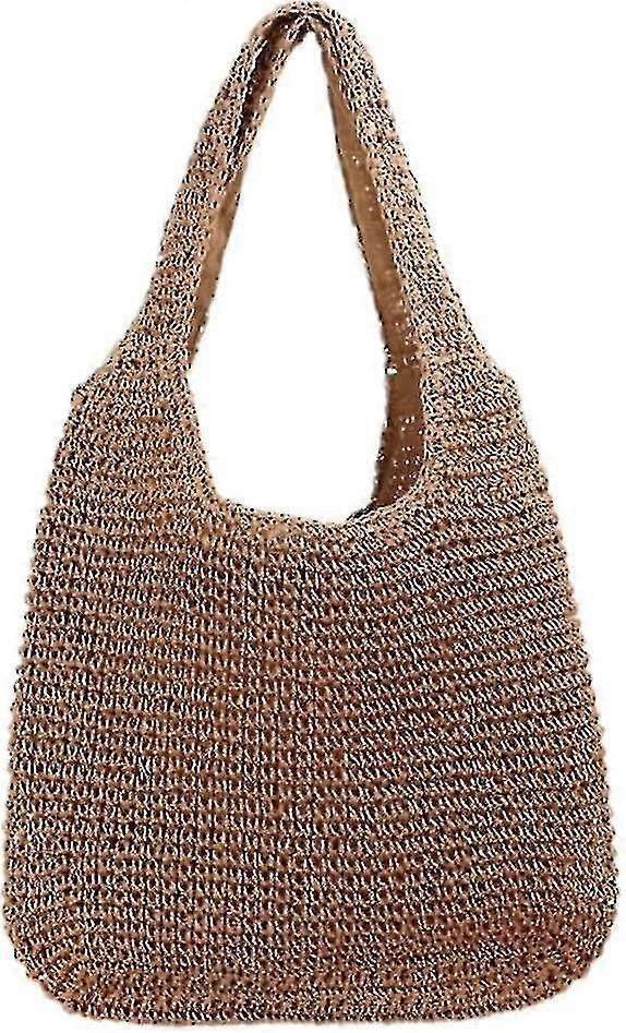 תיק סל תיק קש כתף ארוג ביד תיק רפיה קיץ ארנק חוף נשים ארנק חאקי 1 חתיכה