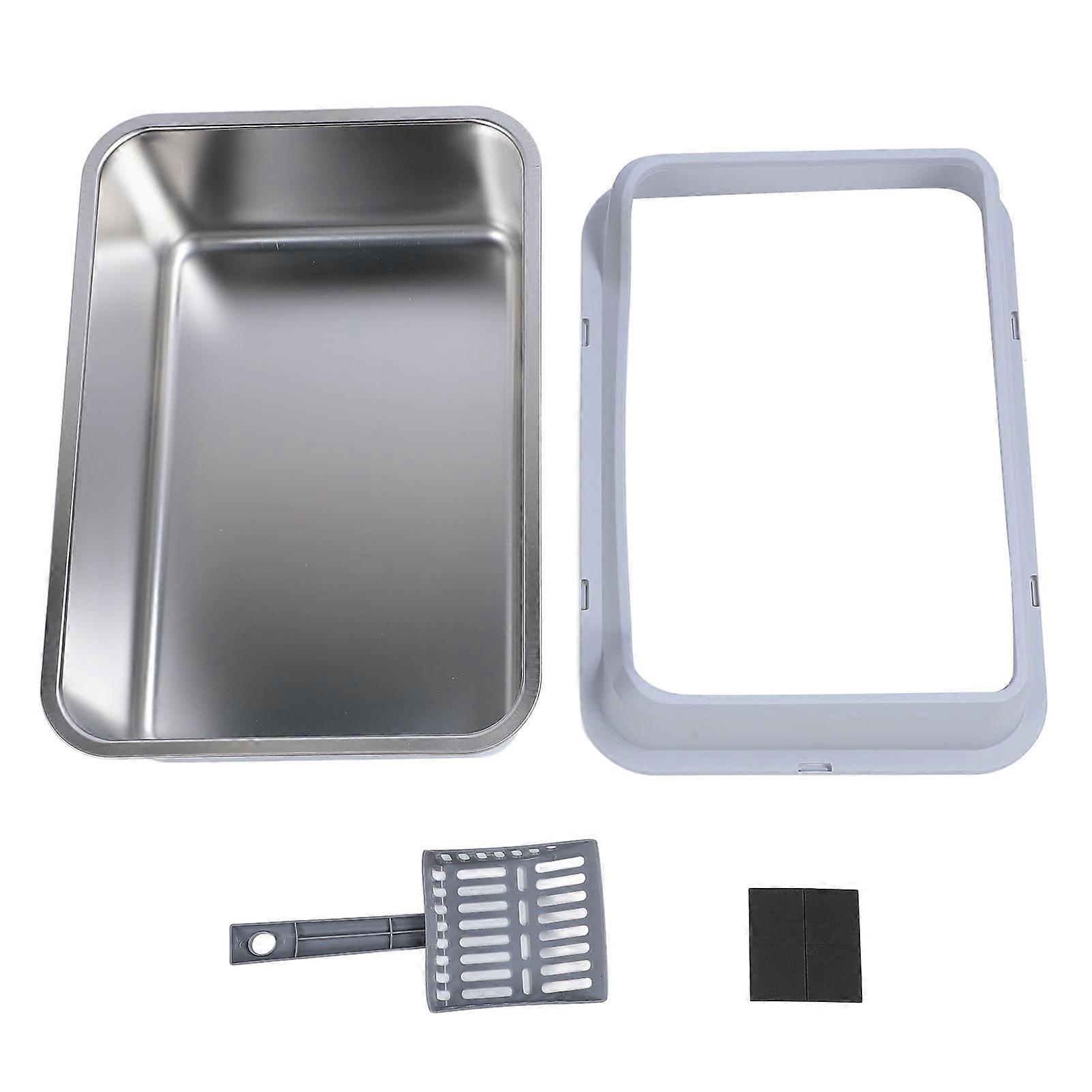 Stainless Steel Cat Litter Box Anti Splashing Top Entry Large High Sided Kitty Litter Pan with Scoop for Big Cat Light Gray