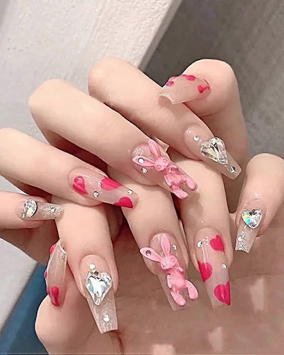 24 Pcs Press On Nails Medium With Designs, Coffin Acrylic False Nails,ballerina Artificial Glue On Nails, Rabbit Resin Charms And Rhinestones Sti On,7