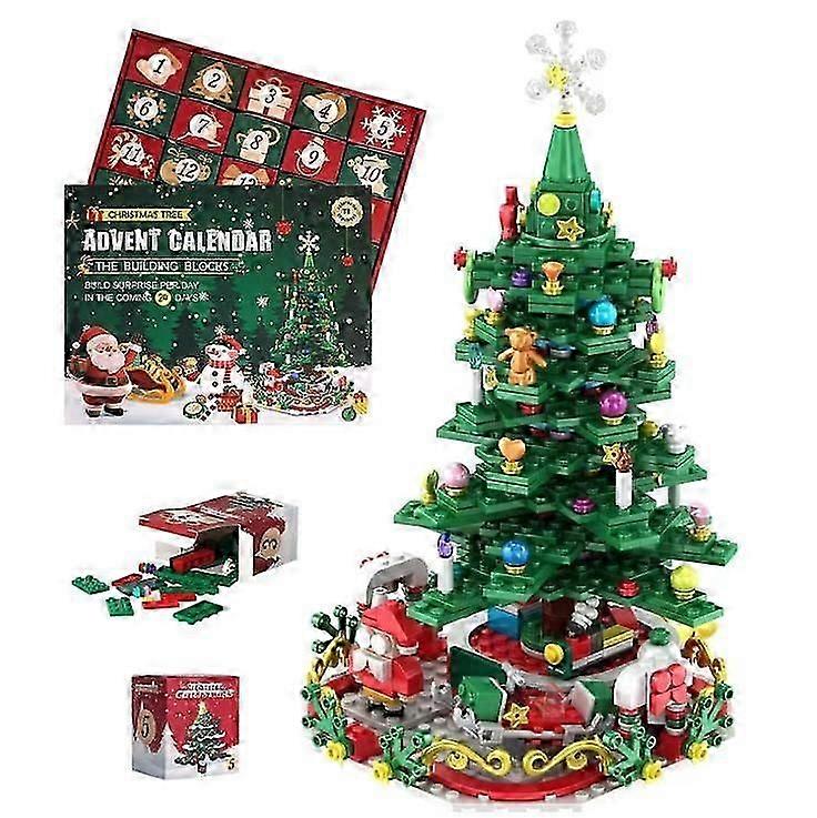 2024 Advent Calendar Christmas Tree Building Blocks Toy Set with LED Light, 24 Days Countdown Surprise Box Gifts