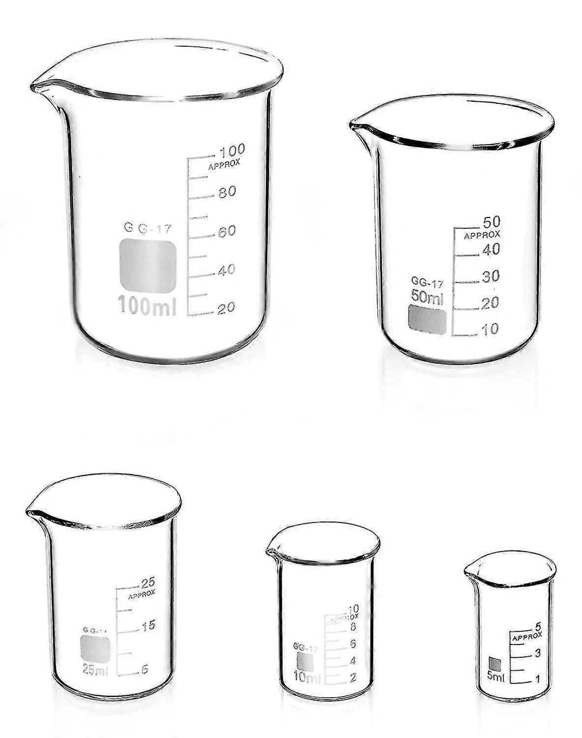 5 Pcs Beaker Graduated In Borosilicate Glass 5ml 10ml 25ml 50ml 100ml Compatible Laboratory And Kitchen-a