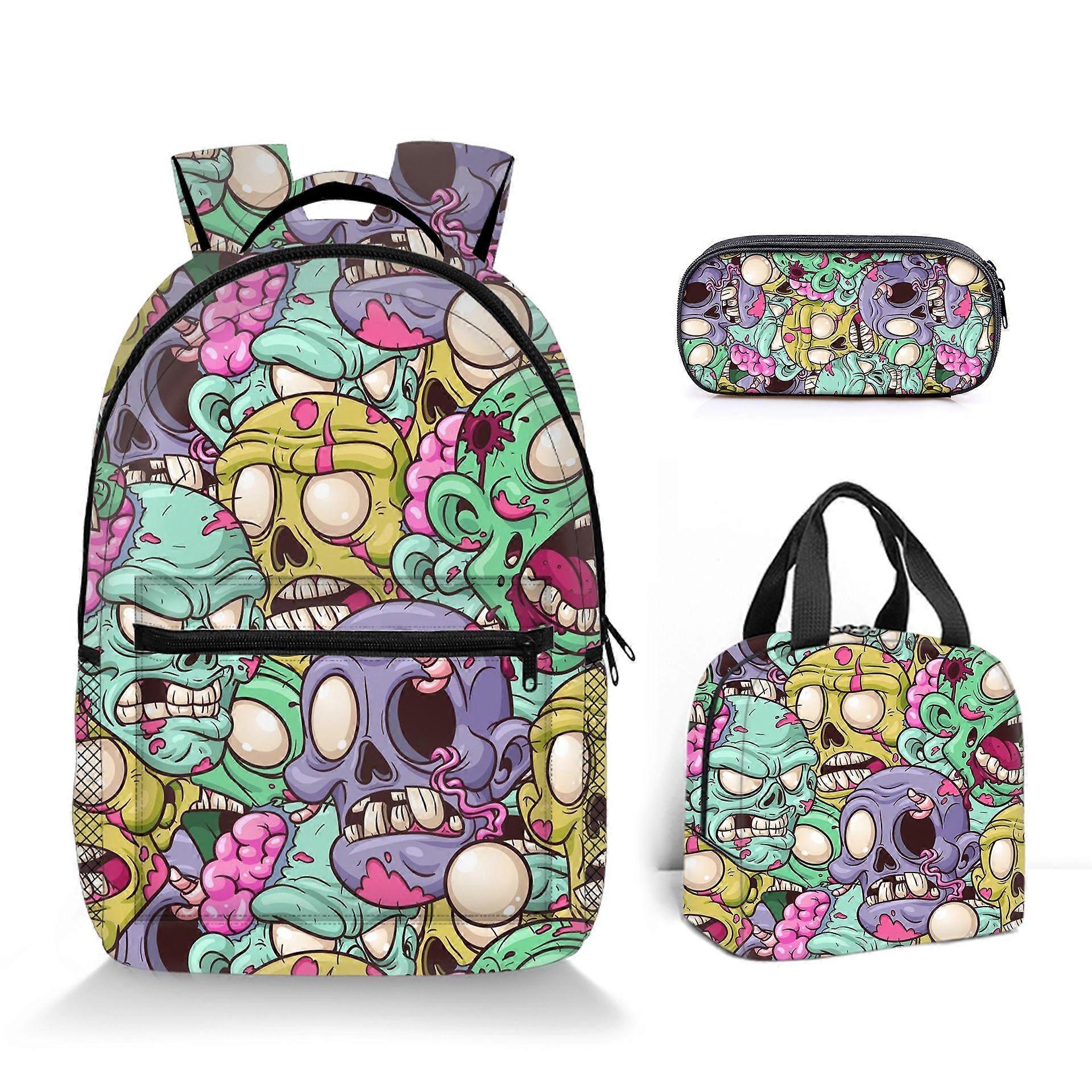 Graffiti Skull Printed Backpack Student Polyester Cartoon Children's Backpack Three-Piece Set