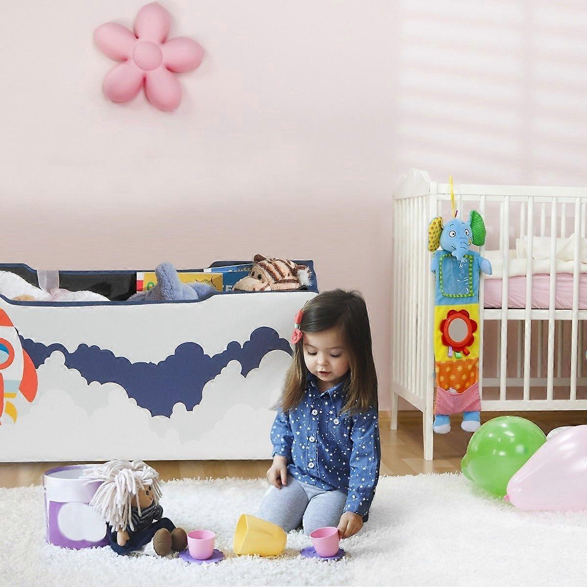 Padded toy box with removable lid & rocket & planet pattern navy blue