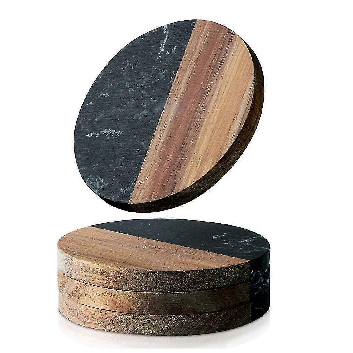 ドリンク用コースター4枚セット、テーブルトップ保護用大理石ウッド接合コースター、カップホルダーコースター