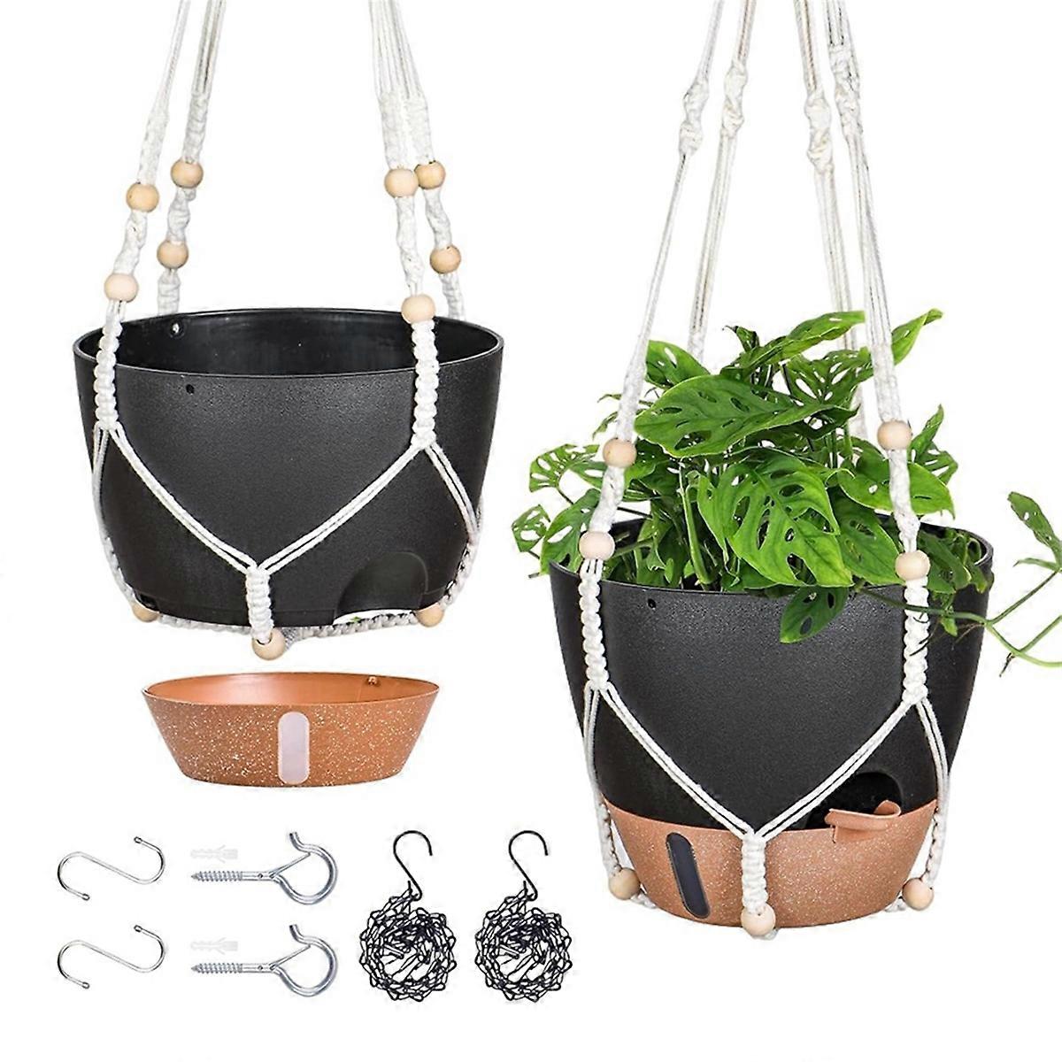 10 Inch Hanging Planter for Indoor Plants, 2 Pack Self Watering Black
