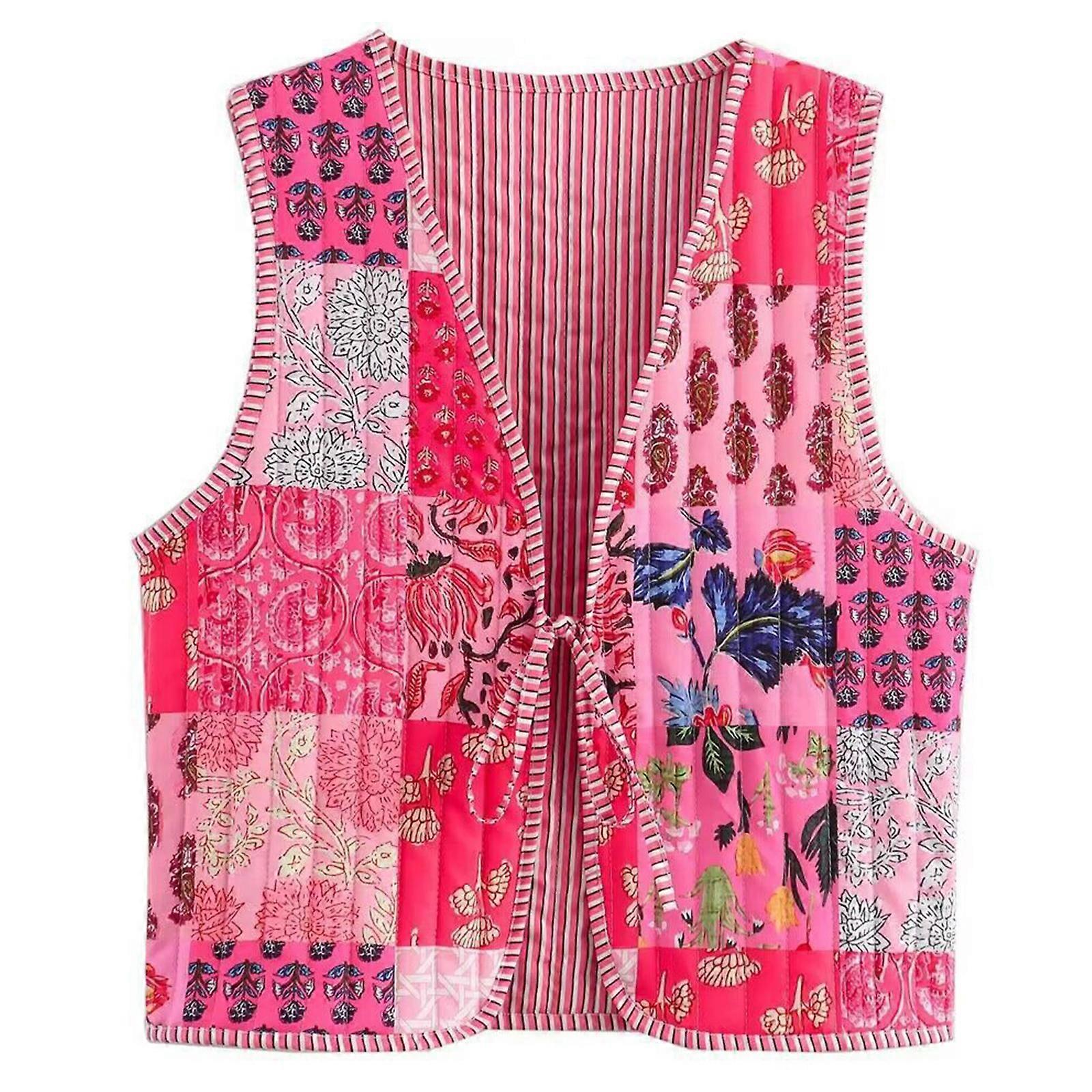 Fashionable Women's Cotton Padded Vest with Bows Tie Soft and Comfortable in a Stylish Double Color Quilted Outwear color block print S