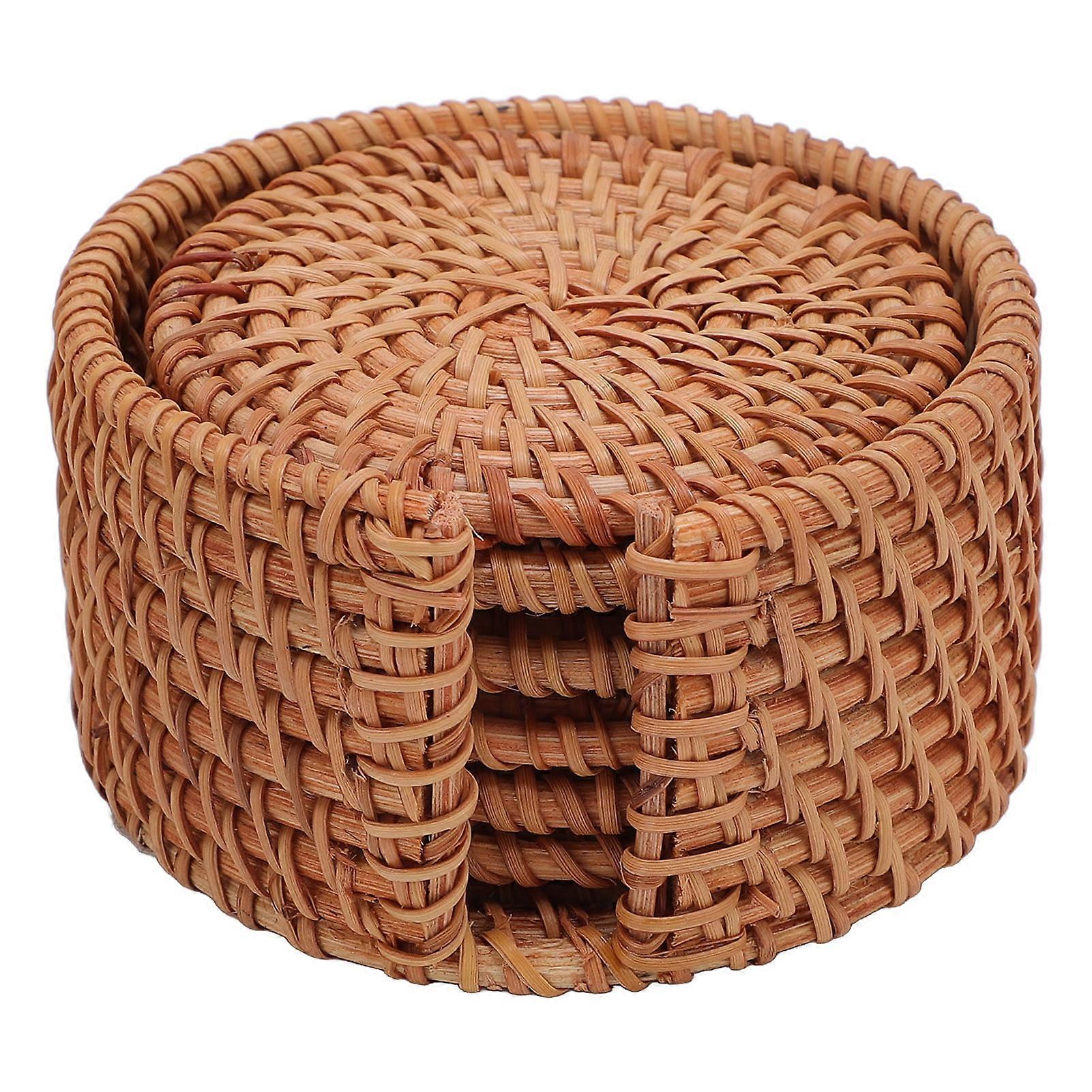 Rattan Coasters Set of 6 with Holder Handwoven Cup Base Plates Dishes Pot Insulated Hot Pads 8cm