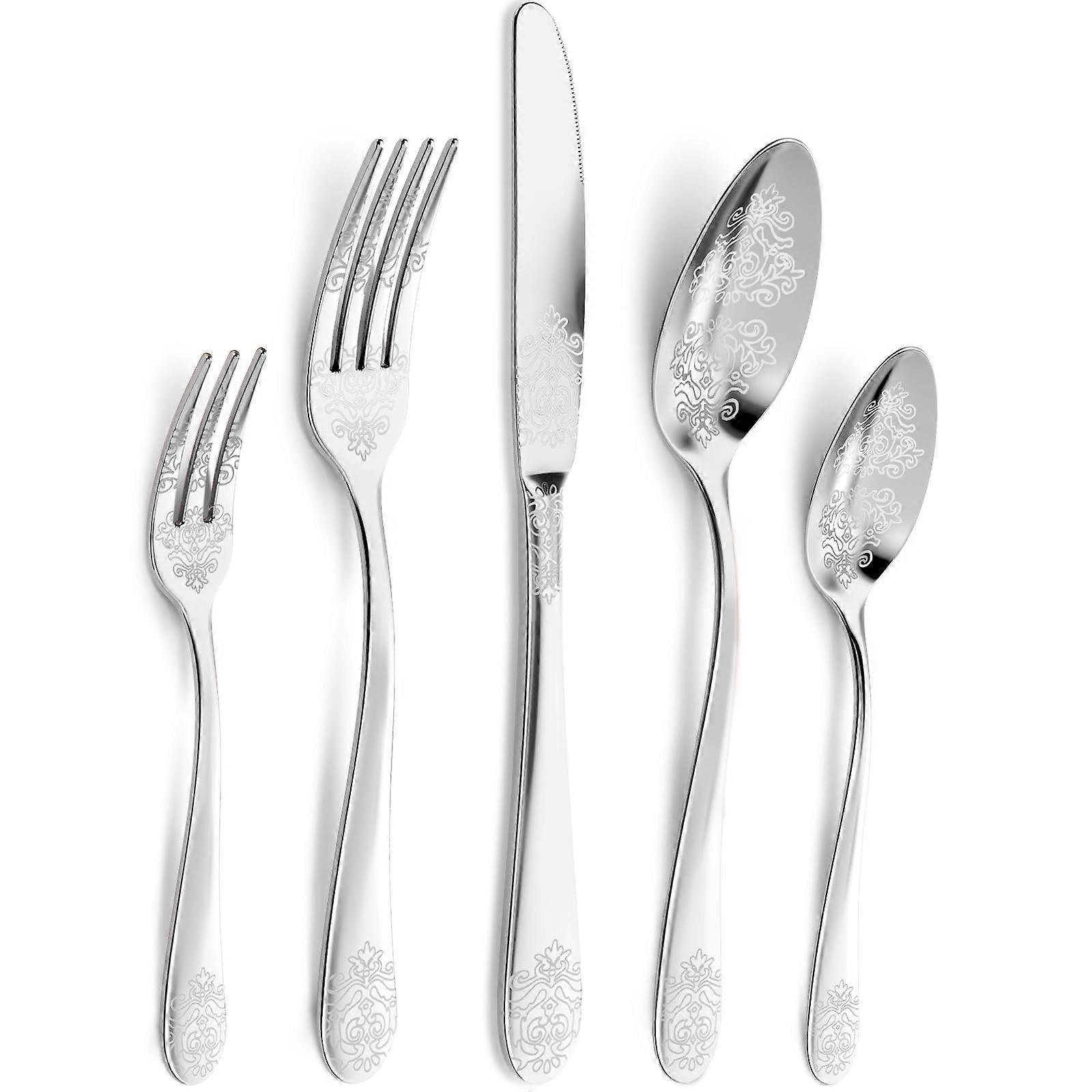 40 Piece Stainless Steel Silverware Set for 8 with Elegant Floral Engraving and Durable Tableware Design
