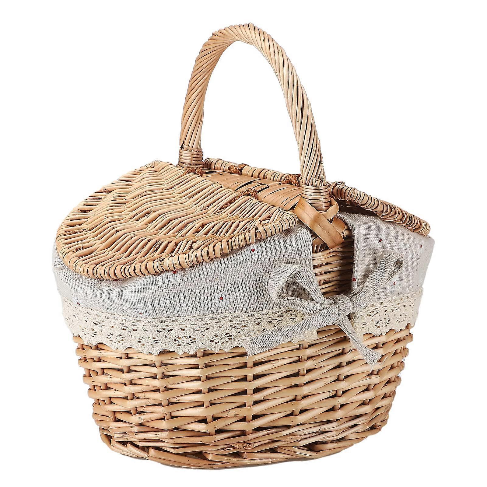 Wicker Picnic Basket with Lid,Country Style Picnic Basket with Handle and Folding Lid,HandWoven Storage Hamper for Outdoor Party,BBQ,Camping(White)