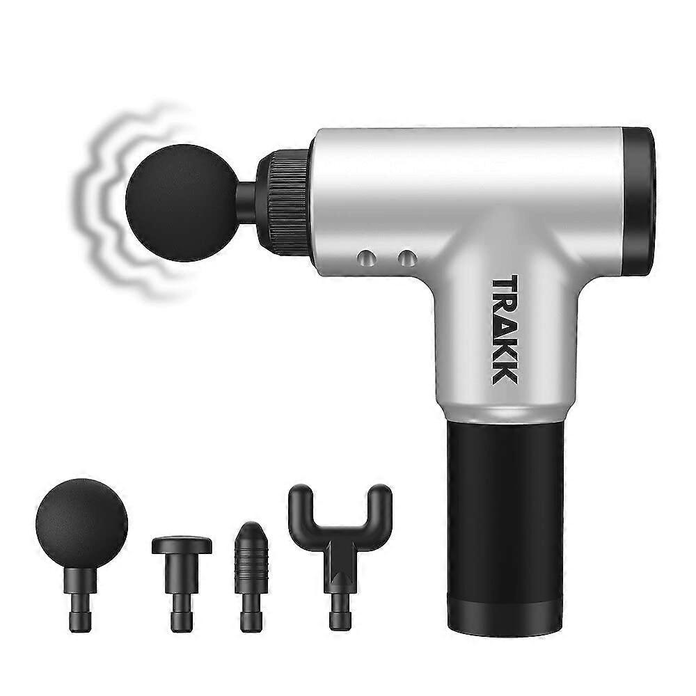 TRAKK Beast Deep Tissue Percussion Massage Gun, Rechargeable Handheld 6 Speed Cordless Massager, 4 Interchangeable Heads (Silver)
