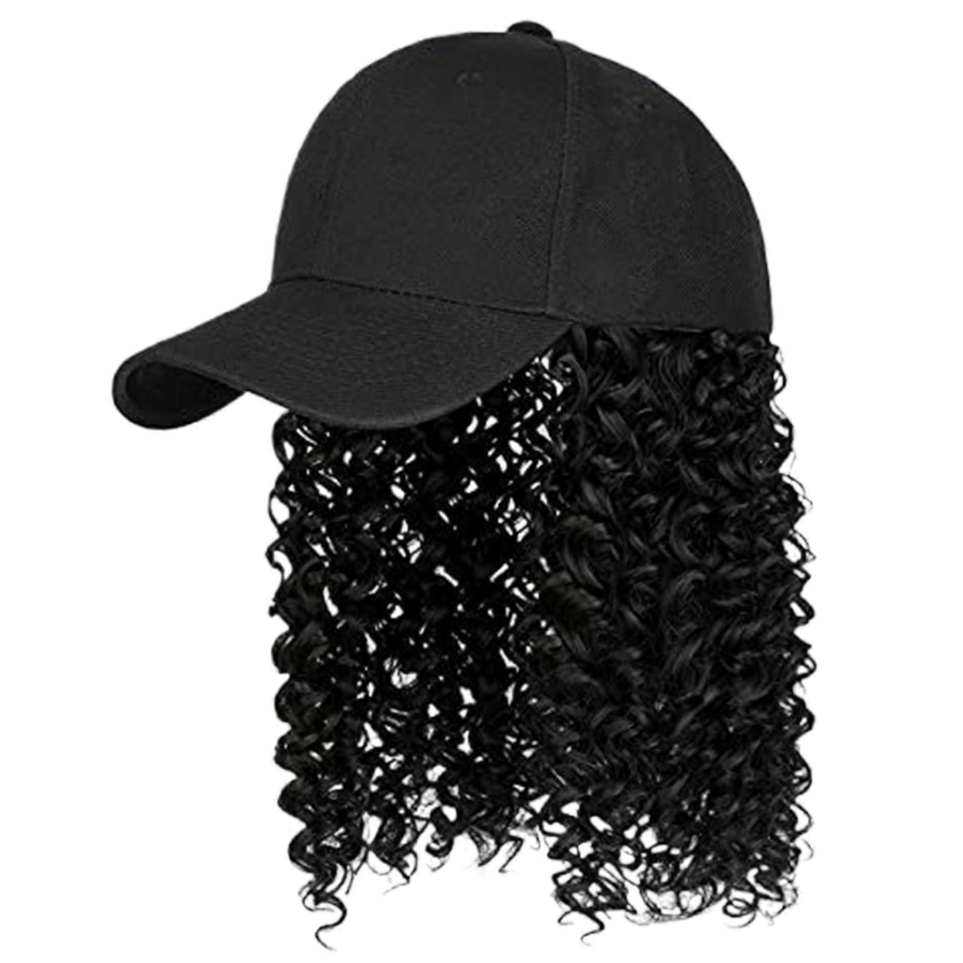 Baseballkappe Perücke mit lockigem Haar Attached Synthetic Perücke Schwarz