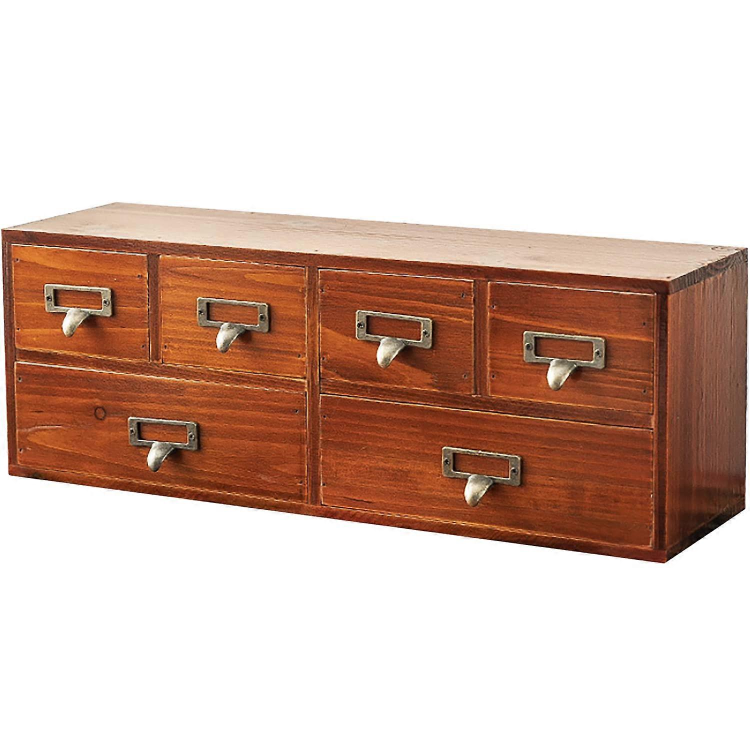 6Drawer Vintage Desk Organizer Slim Retro Style Wood Storage Box