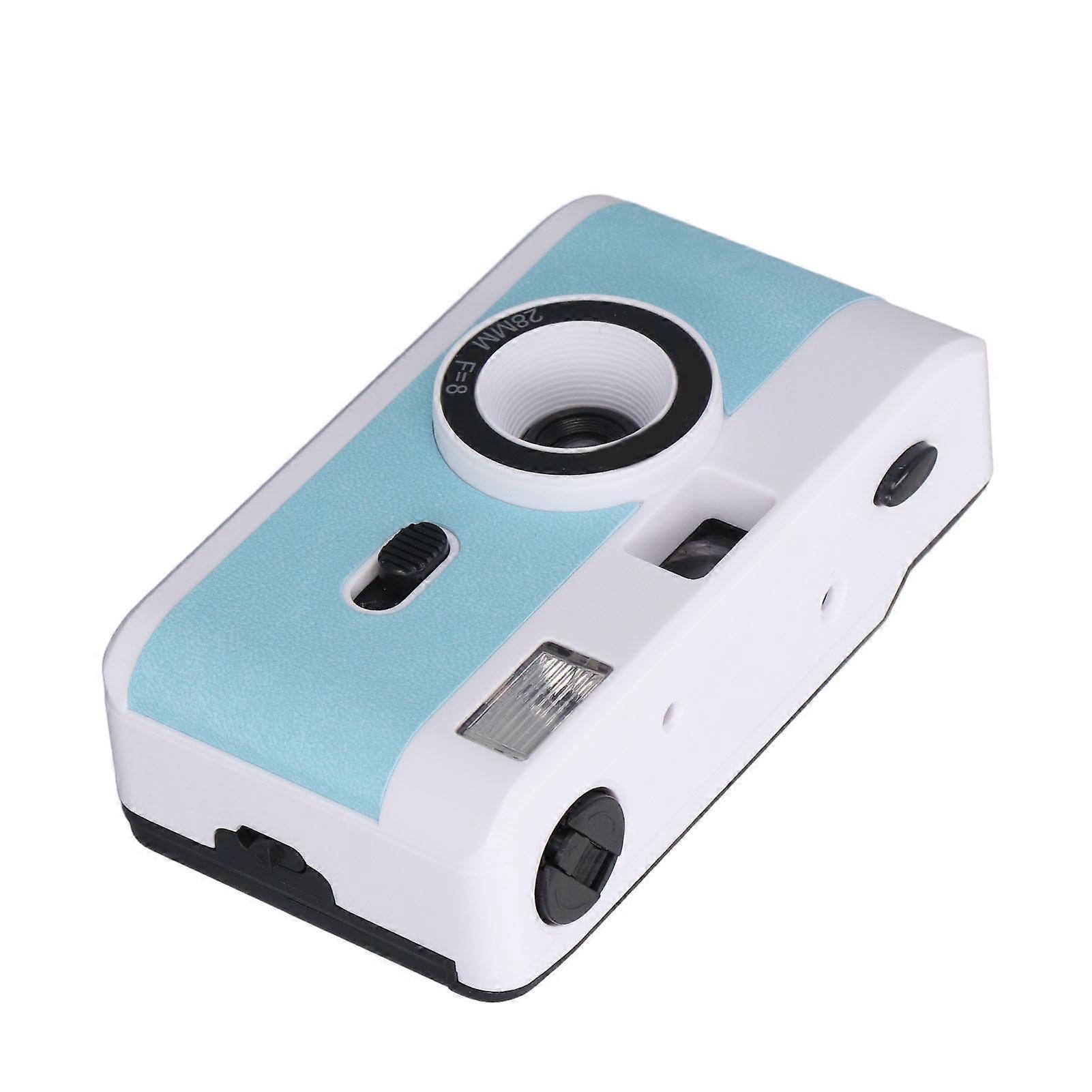 35MM Film Camera Reusable Lightweight Vintage Camera Built in Flash with 28MM F/8 Lens 1/120s Shutter Speed Blue and White