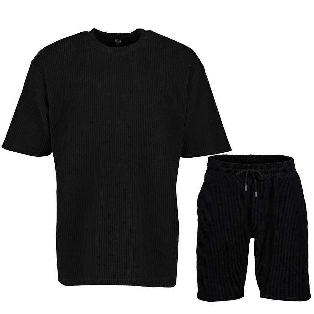 2023 Summer Men's Striped Suit Loose Crew Neck Short-sleeved T-shirt And Shorts Solid Color Sports Casual Two-piece Set