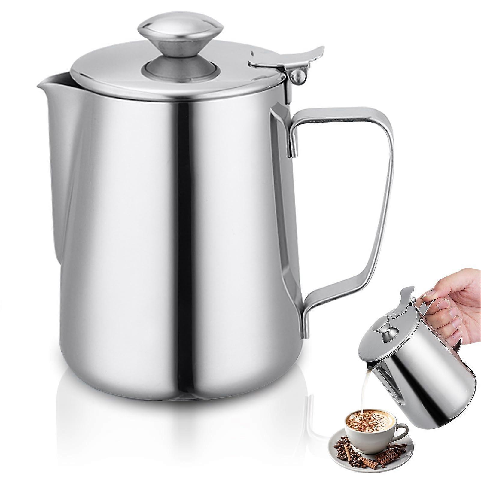 Stainless Steel Milk Jug with Lid, 350ml, Ergonomic Handle and Anti-Drip Nozzle for Espresso and Latte Art