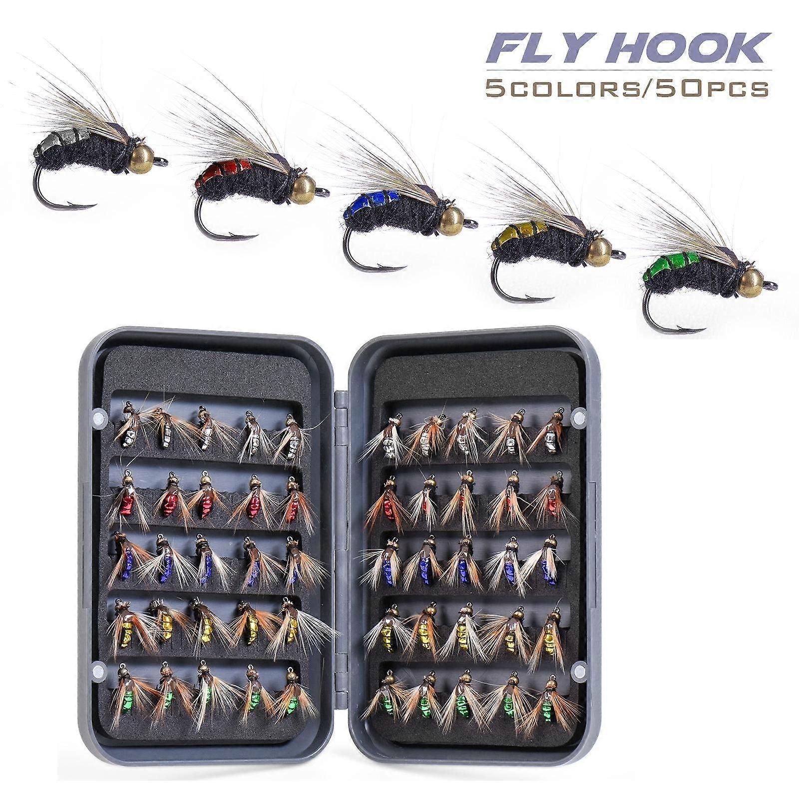 50pcs/box 5 Colors Handmade Bionics Fly Fishing Flies for Stream Fishing Trout Bass with Natural Feathers, Fly Fishing Assortments