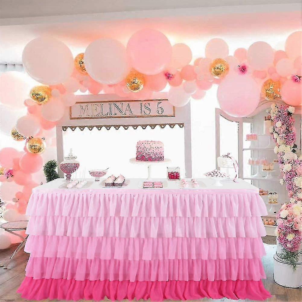 6ft Tulle Table Skirt with 5 Tiers in Pink Gradient for Rectangle or Round Tables, Perfect for Baby Showers, Birthday Parties, and Weddings