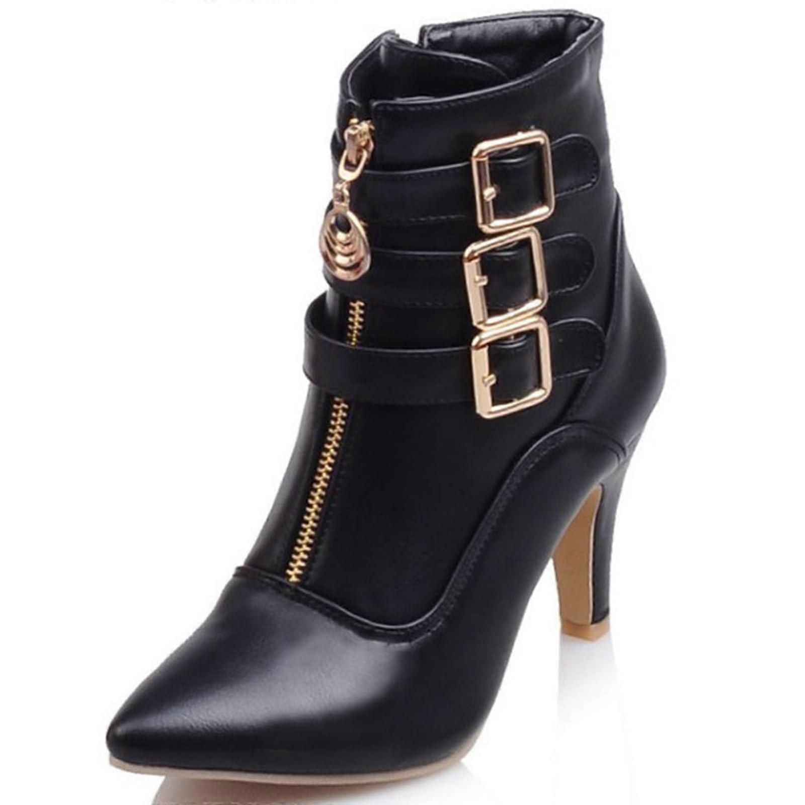 Women's Buckle Ankle Boots 8 cm High Heels Pointed Toe Zip Formal Booties 41 EU Black Leather